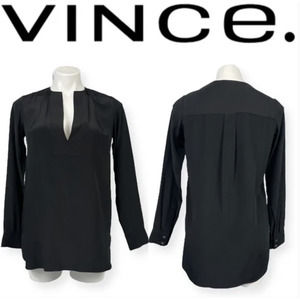 Vince Black Silk Long Sleeve Split Neck Tunic Blouse 10 M Minimalist Lagenlook